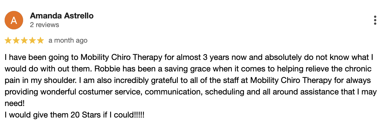 5-star review from Amanda Astrello about chronic shoulder pain relief at Mobility Chiro Therapy