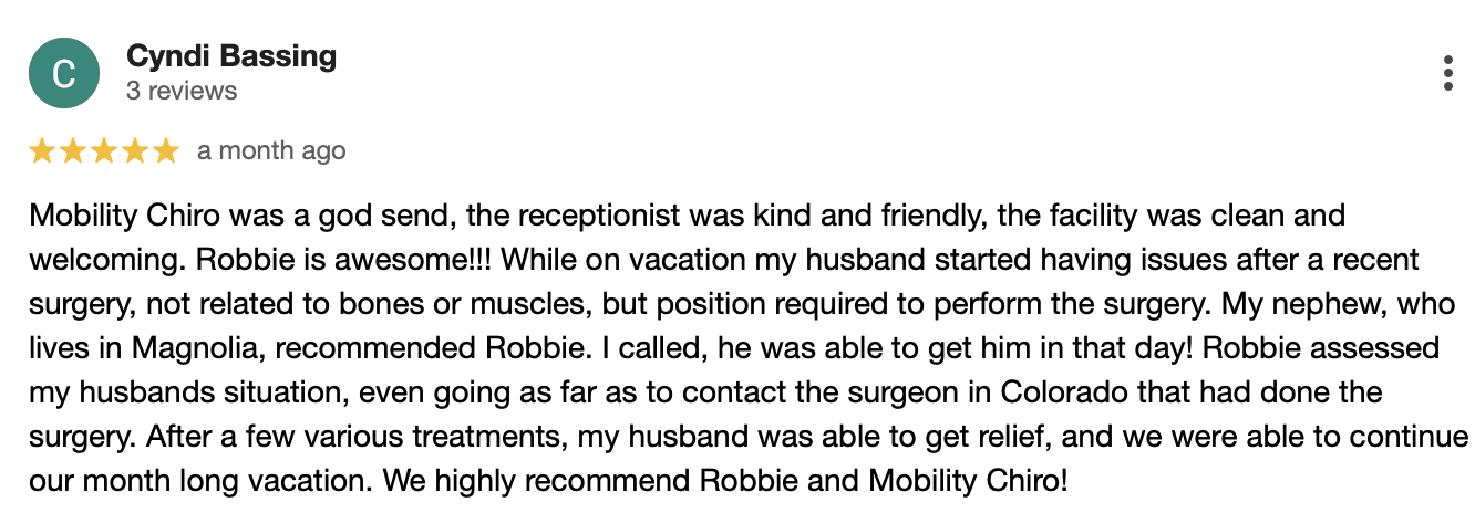 5-star review from Cyndi Bassing about emergency treatment for her husband while on vacation