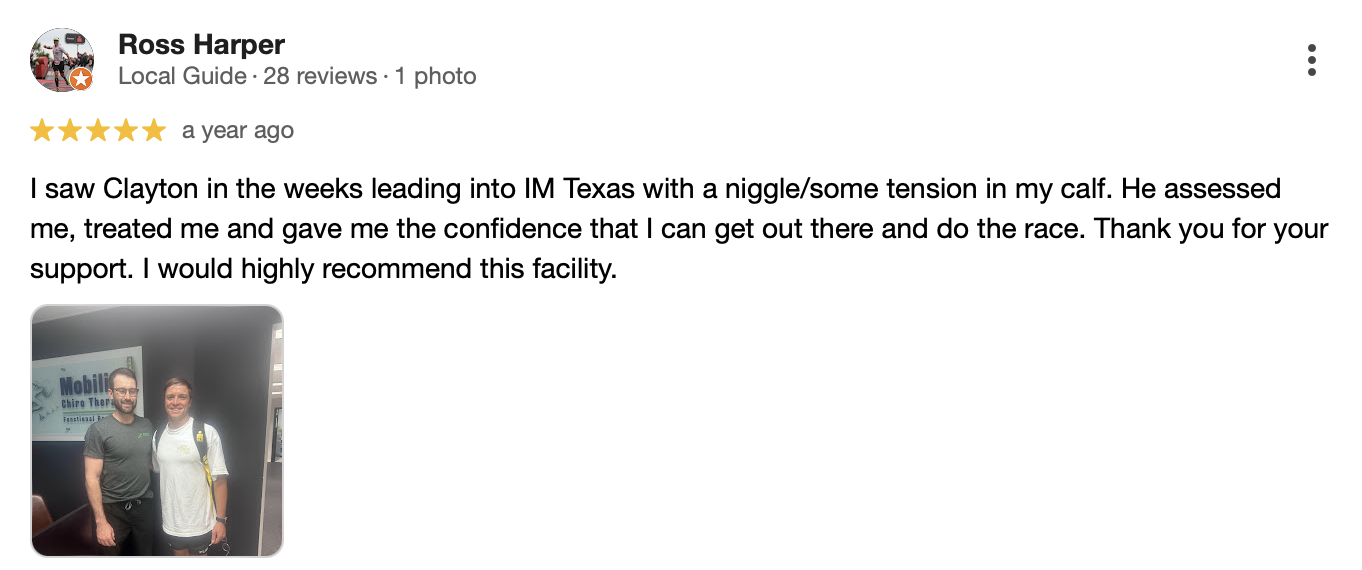 5-star review from Ross Harper about treatment for calf tension before a race